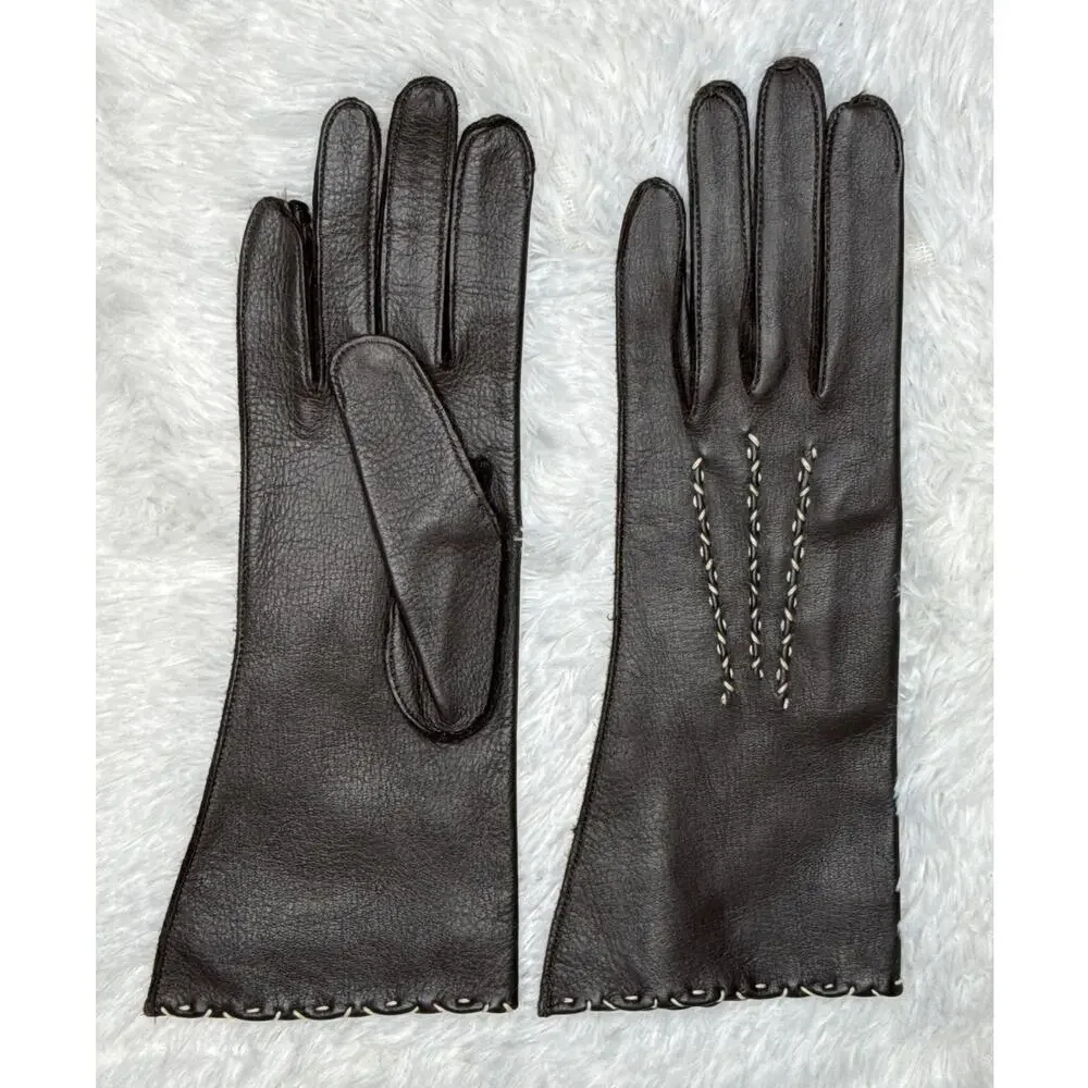 1970s Brown Deerskin Leather Gloves Contrast Whipstitch Size 7